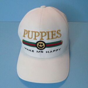 Puppies Make Me Happy White Baseball Cap Embroidered S/M Fitted Flexfit Bond